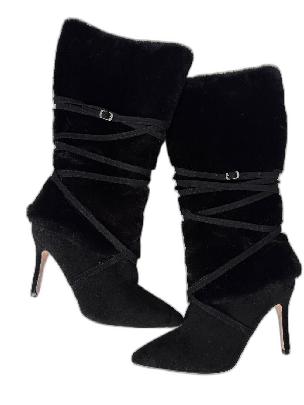 Catherine Malandrino black faux fur knee-high boots - front