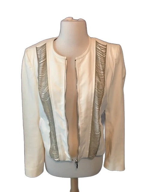 Plein Sud cream leather jacket with chain detail - front on mannequin