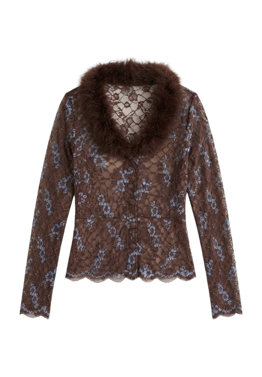 Ann Ferriday Lace Top Feather Collar – One Size