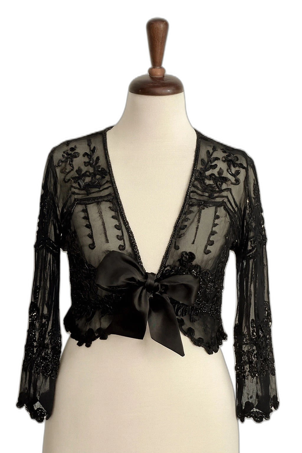 Vintage Y2K beaded sheer embroidered shrug top - front on dress form