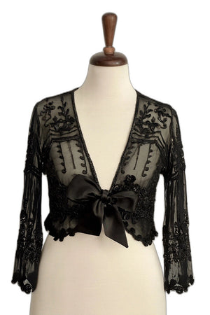 Vintage Y2K Beaded Sheer Embroidered Shrug Top with Tie Front - Black, Size M