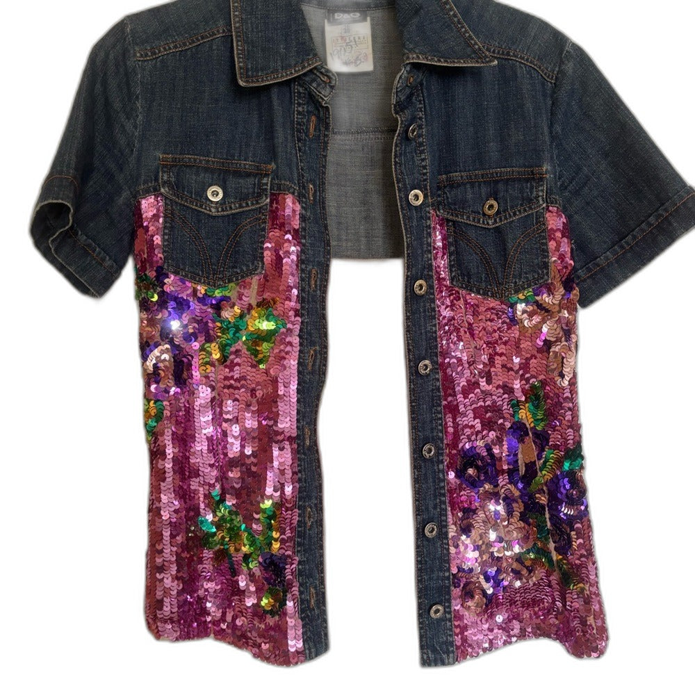 Dolce & Gabbana blue denim short-sleeve jacket with pink floral sequin panels - view 2