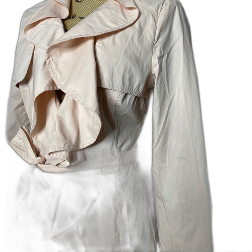 bebe pink ruffle belted duster jacket - front detail