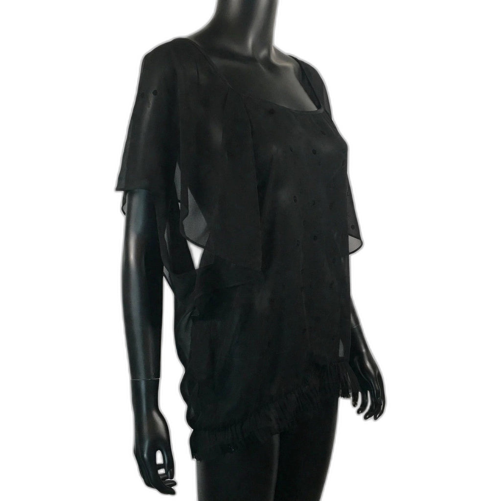 Natasha Gan black sheer flutter top side view on black mannequin