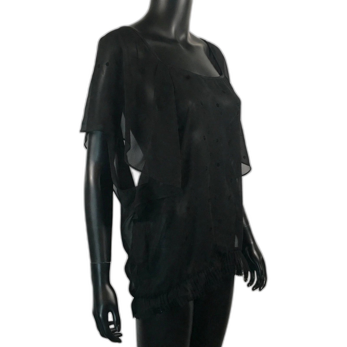 Natasha Gan black sheer flutter top side view on black mannequin