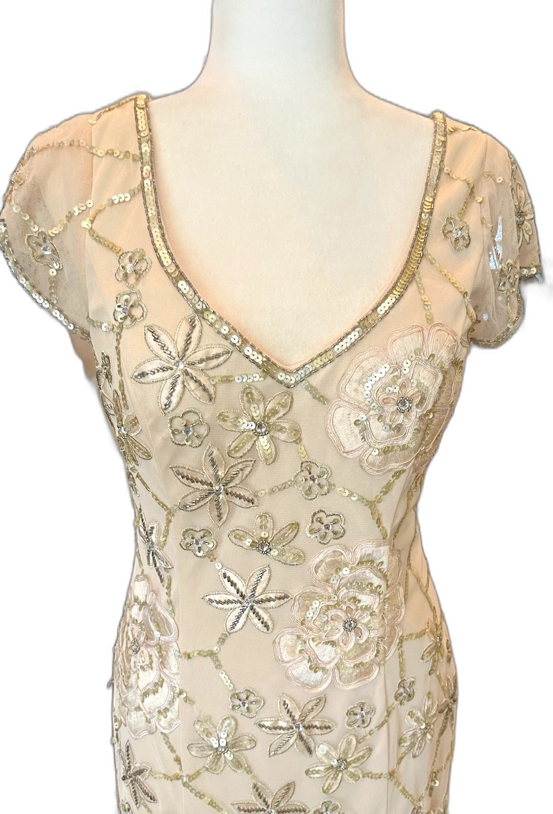 Sue Wong beige silver beaded lace sheath cocktail dress - view 2