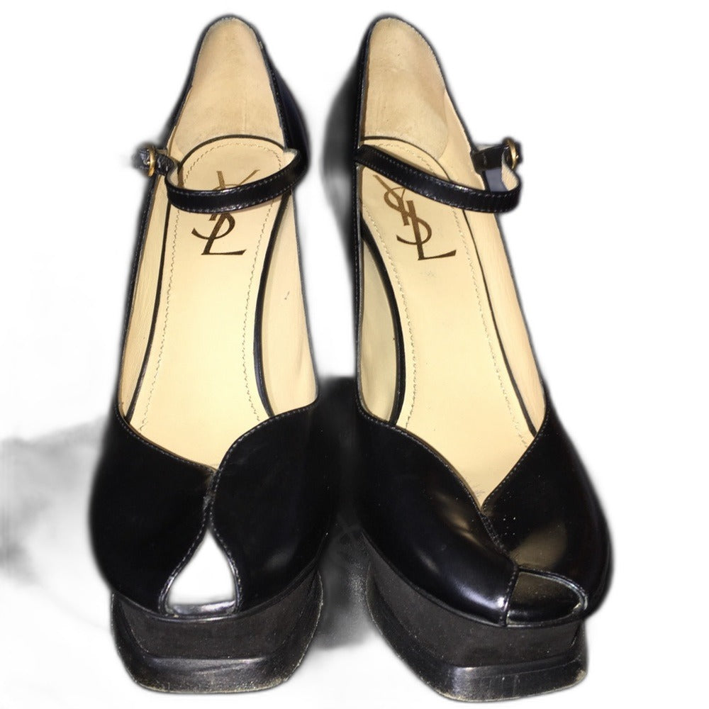 Yves Saint Laurent YSL Tribute black patent pumps with gold-tone stiletto heels - view 2