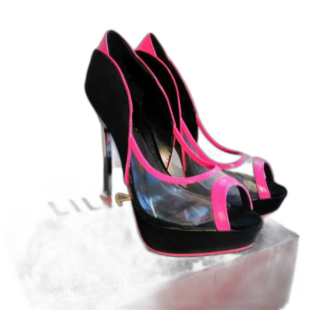 Liliana UV reactive neon pink and black heels - view 2