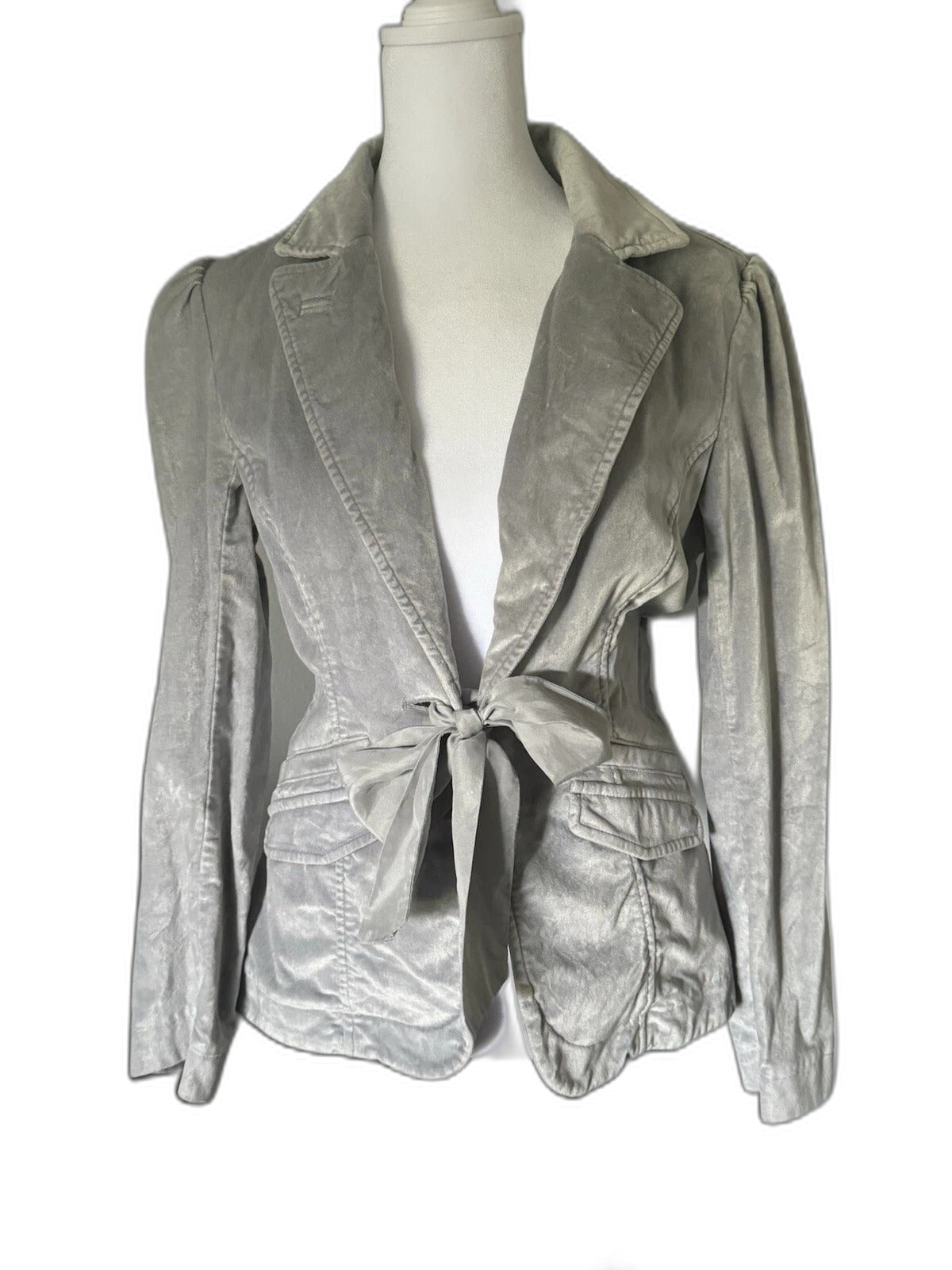 White House Black Market gray velvet tie-belt blazer jacket - front view