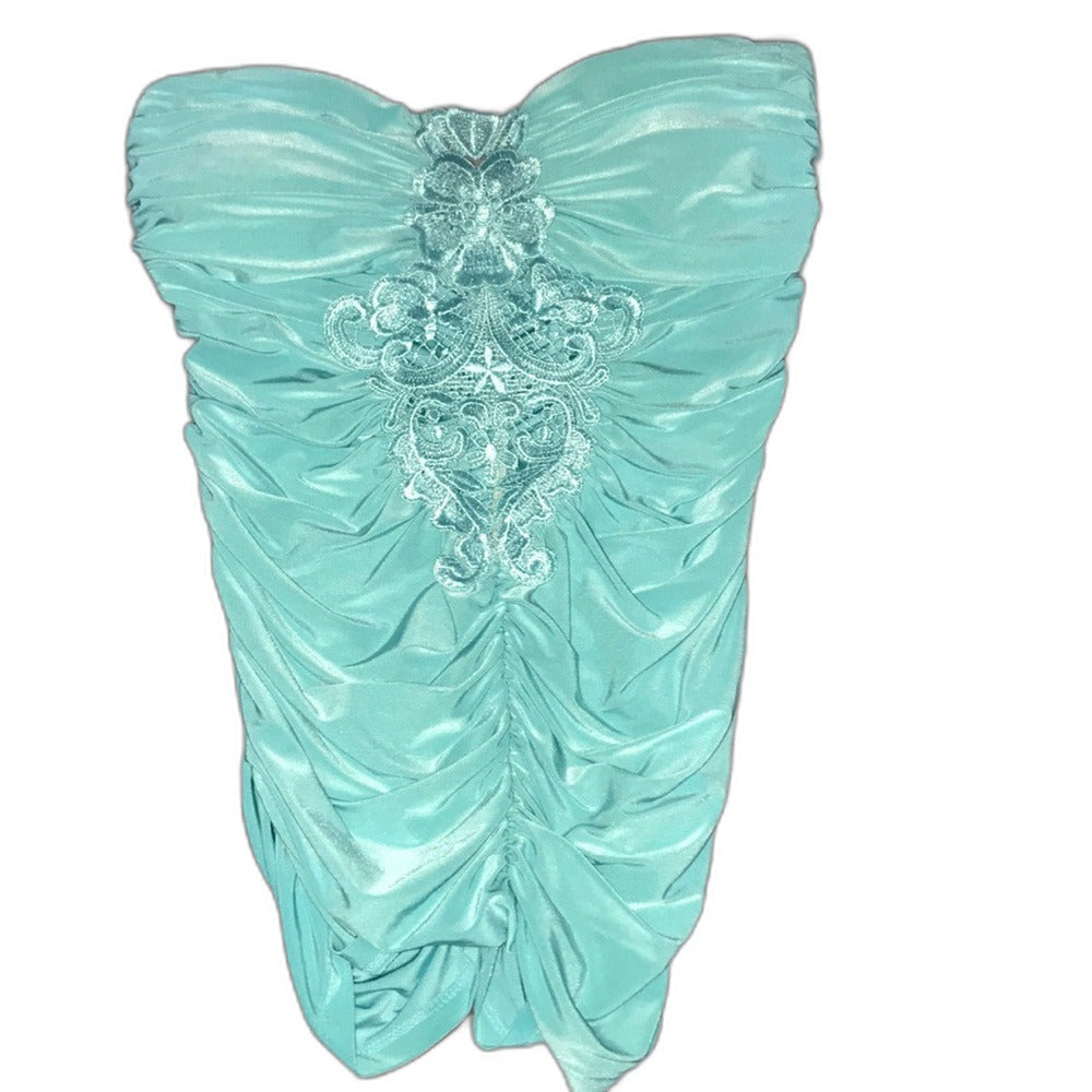 Charlotte Russe teal strapless ruched top with lace applique - view 2
