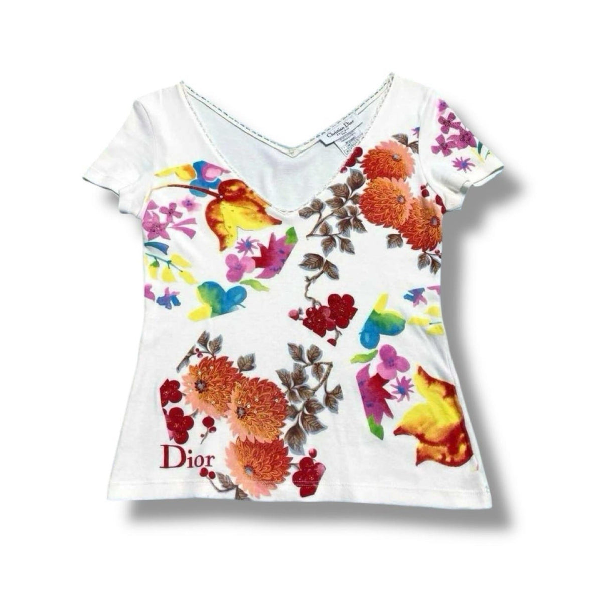 Christian Dior white floral print V-neck tee - flat lay front, alternate angle