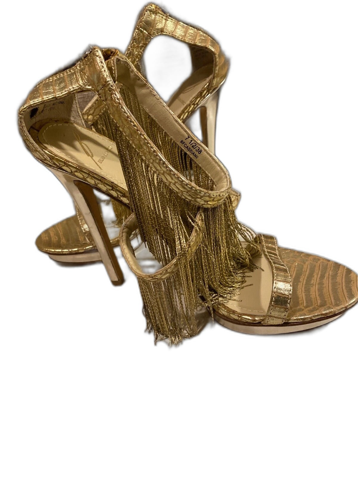 Brian Atwood gold strappy leather heels with fringe detail - view 2