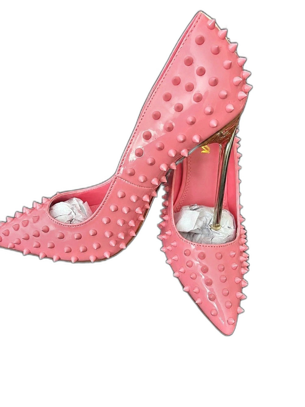 Pink studded pointed-toe heels with clear stiletto heel - view 2