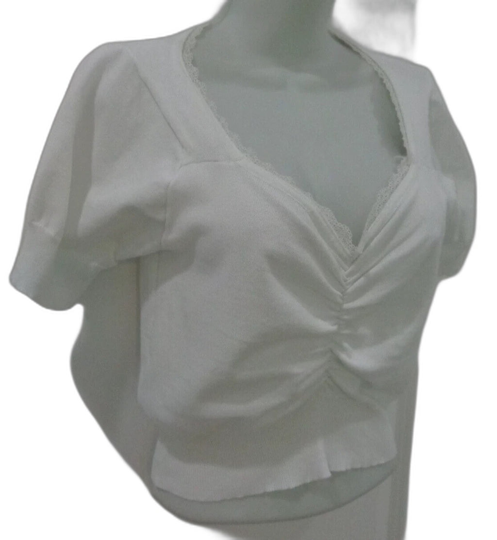 SheIn white knit crop top with lace trim and ruched front - view 2