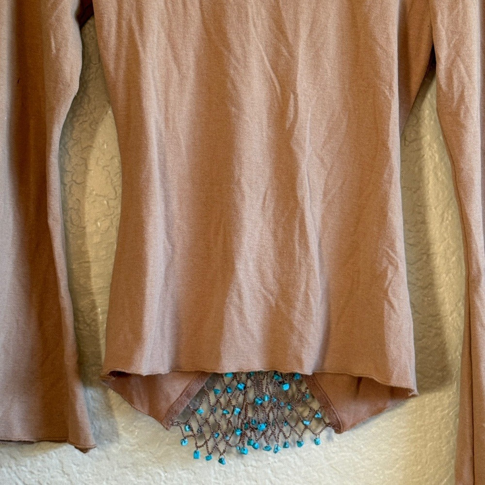 Sans Souci ruched tan top - back hem and beaded net panel detail