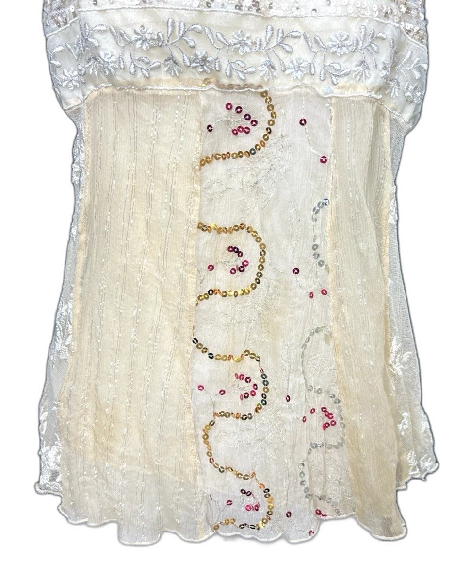 Hale Bob beaded silk blend mesh overlay top in beige - front detail