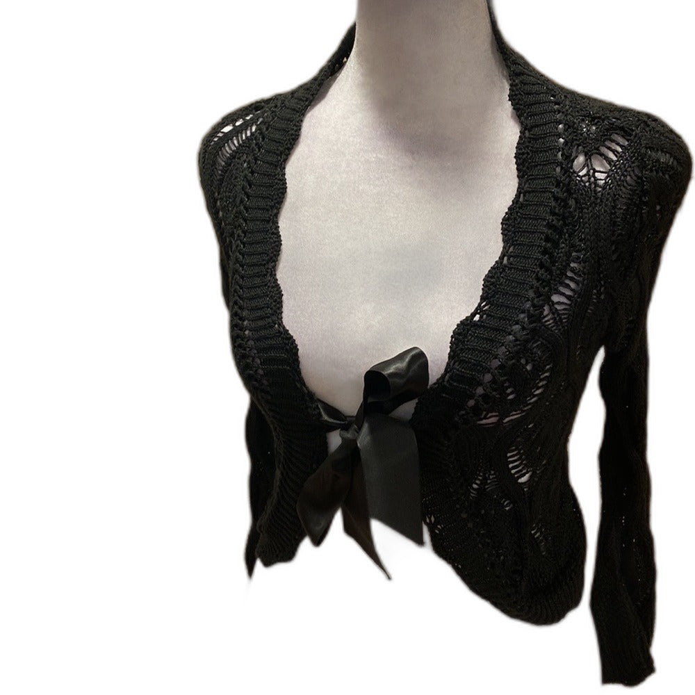 Le Chat Paris black open knit cardigan with satin bow - view 2