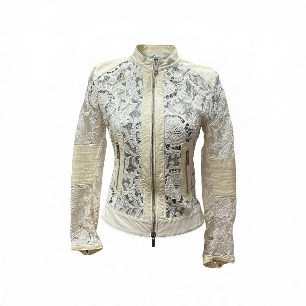 Italian Leather Lace Zip Cropped Jacket - Size 4-6