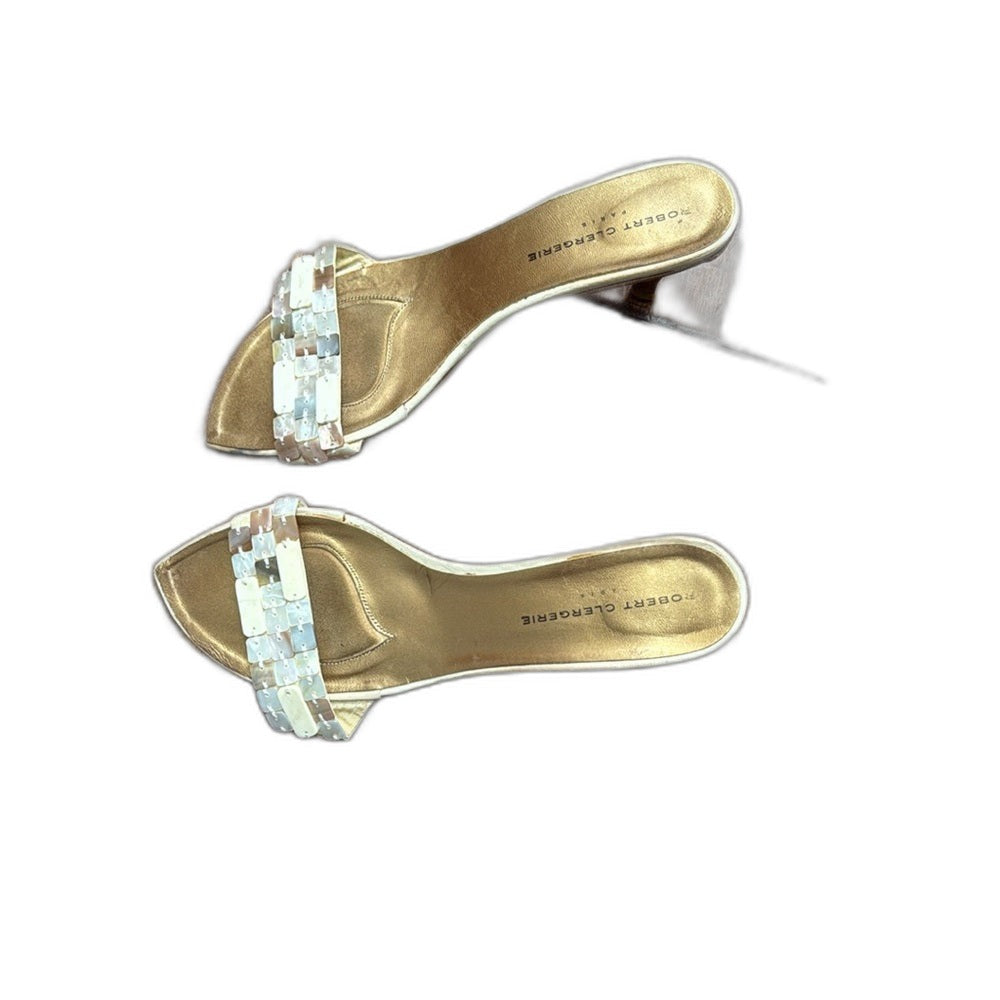 Robert Clergerie mother-of-pearl mosaic kitten heel slides - side view