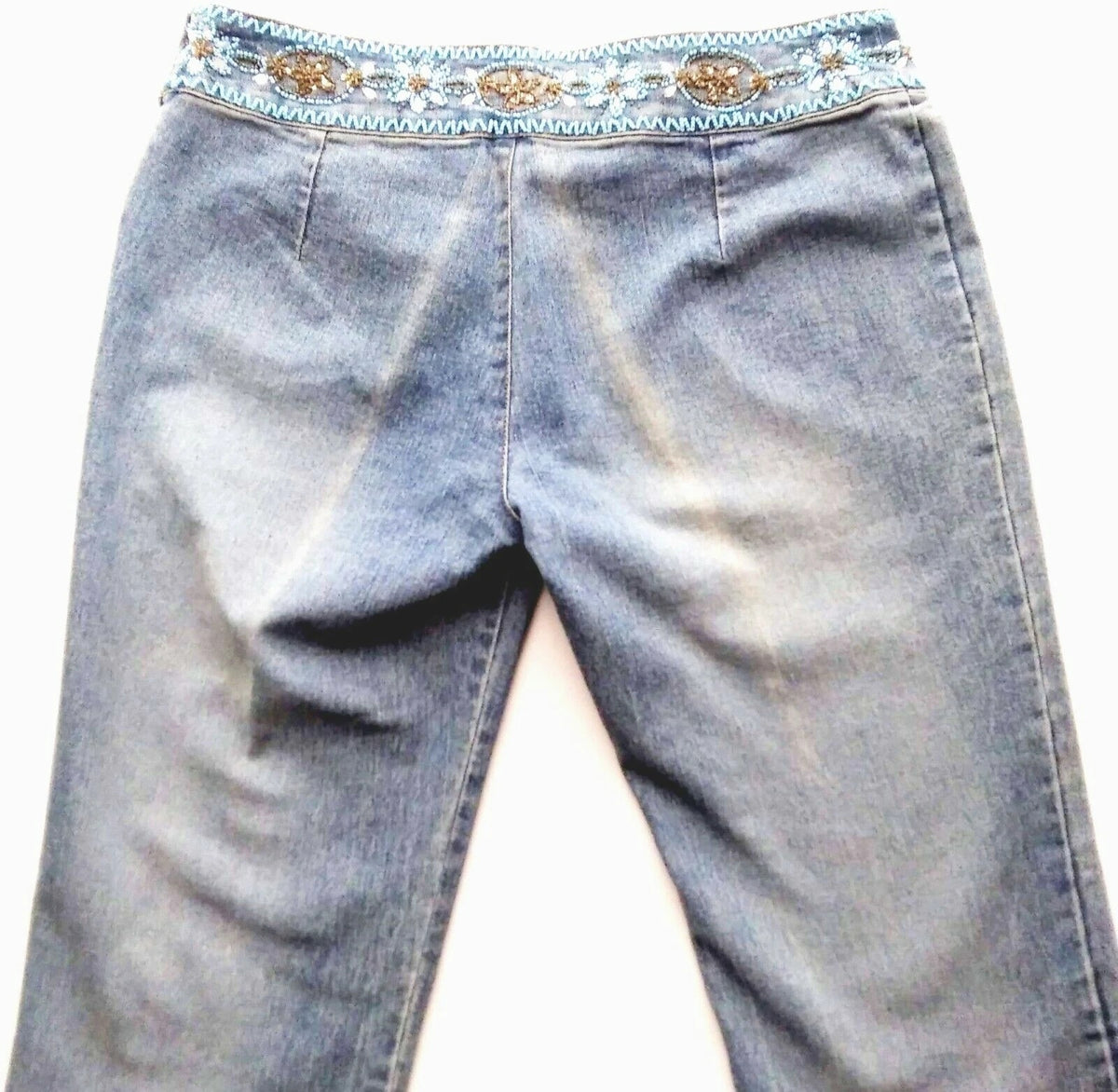 Vera Cristina vintage beaded waistband straight leg jeans in faded medium wash - back