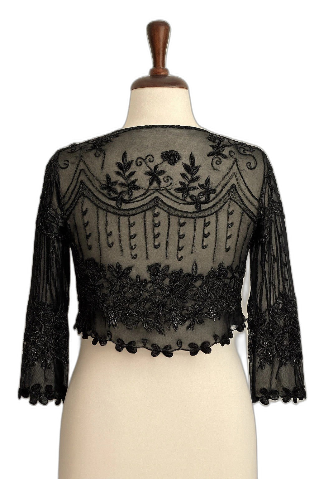 Vintage Y2K beaded sheer embroidered shrug top - back on dress form
