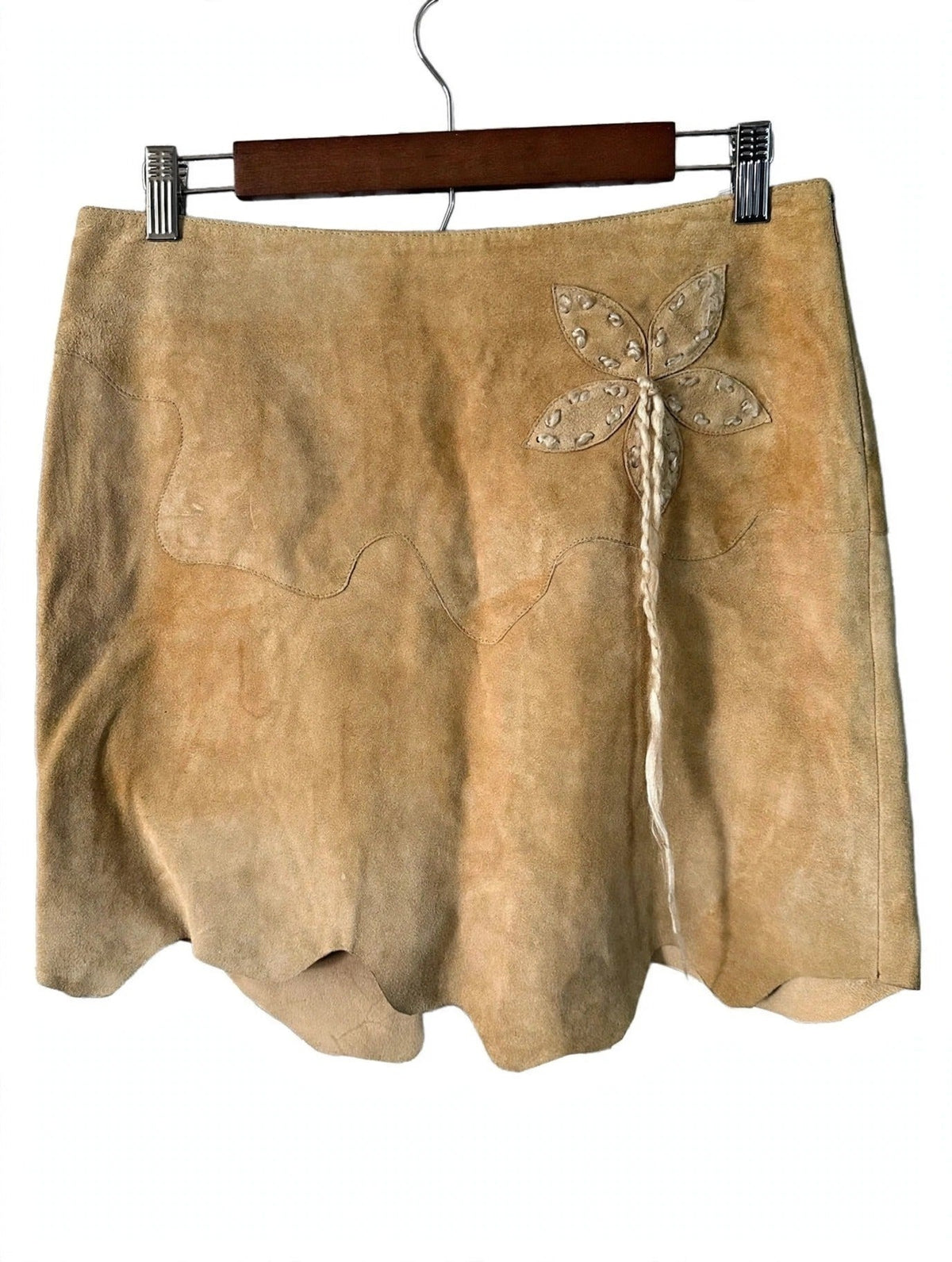 Vakko tan suede embroidered mini skirt - front view