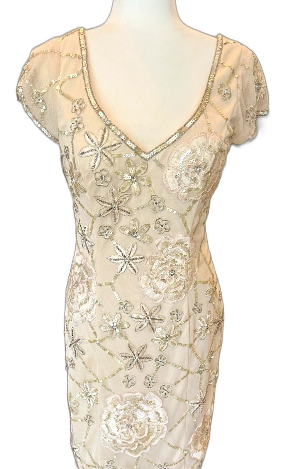 Sue Wong beige silver beaded lace sheath cocktail dress - view 3