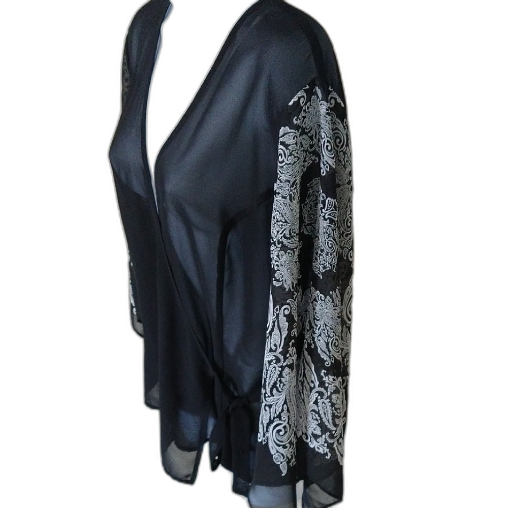 New York & Company black sheer kimono blouse with white detailing - view 3