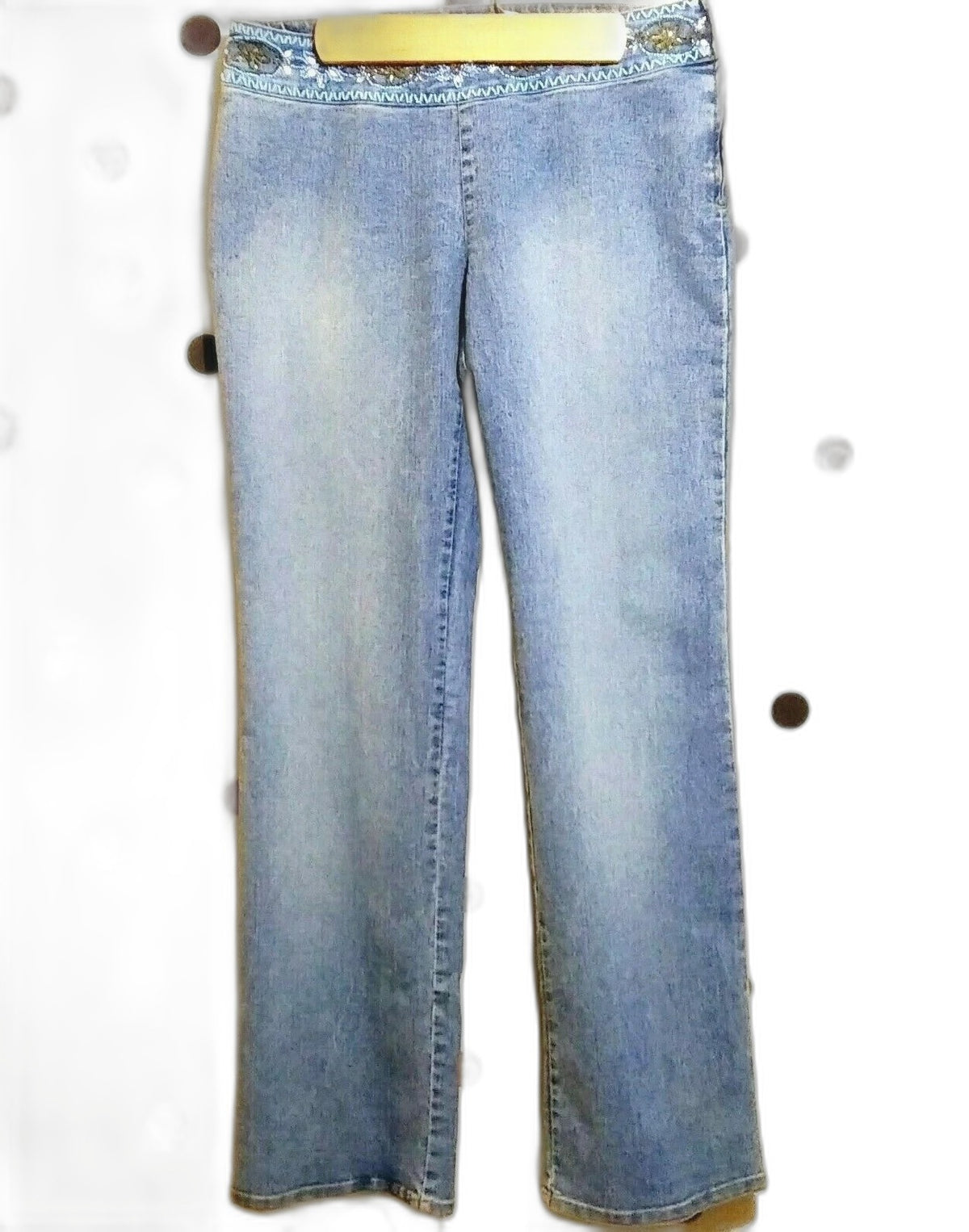 Vera Cristina vintage beaded waistband straight leg jeans in faded medium wash - front, full length