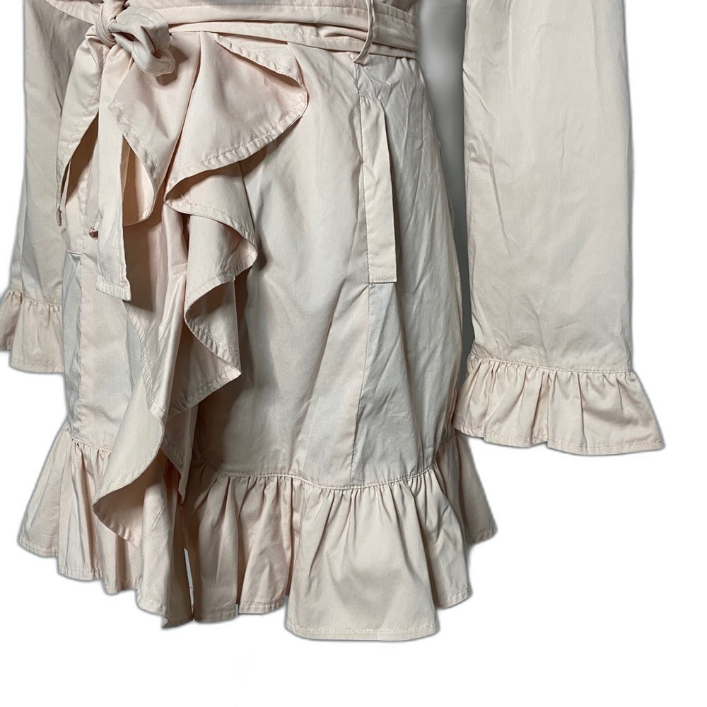 bebe pink ruffle belted duster jacket - belt and ruffle hem detail