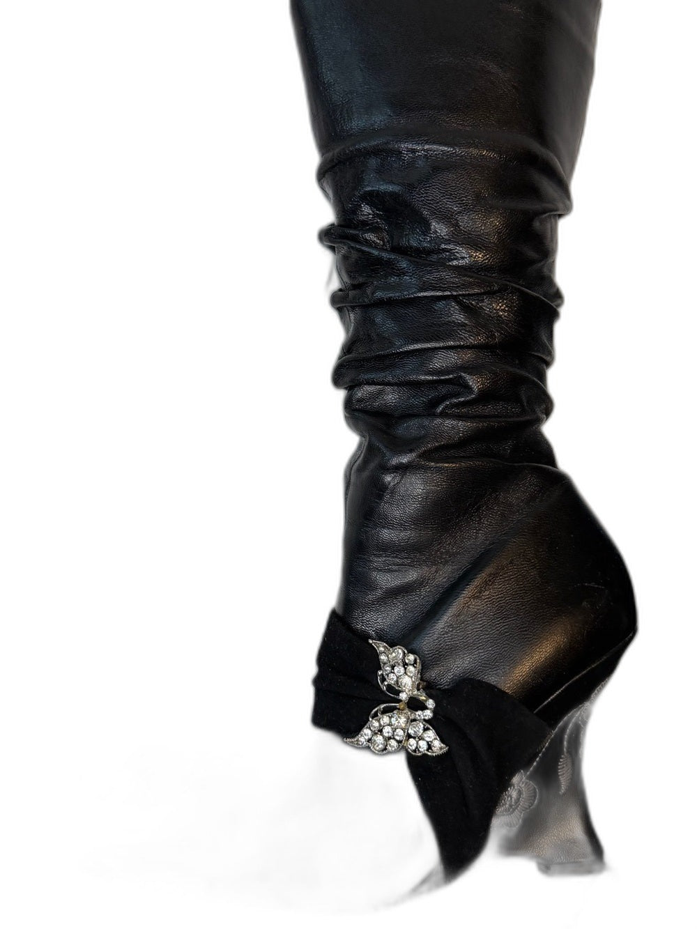 Bianco Bucci black mid-calf heeled boots with crystal bow - view 3