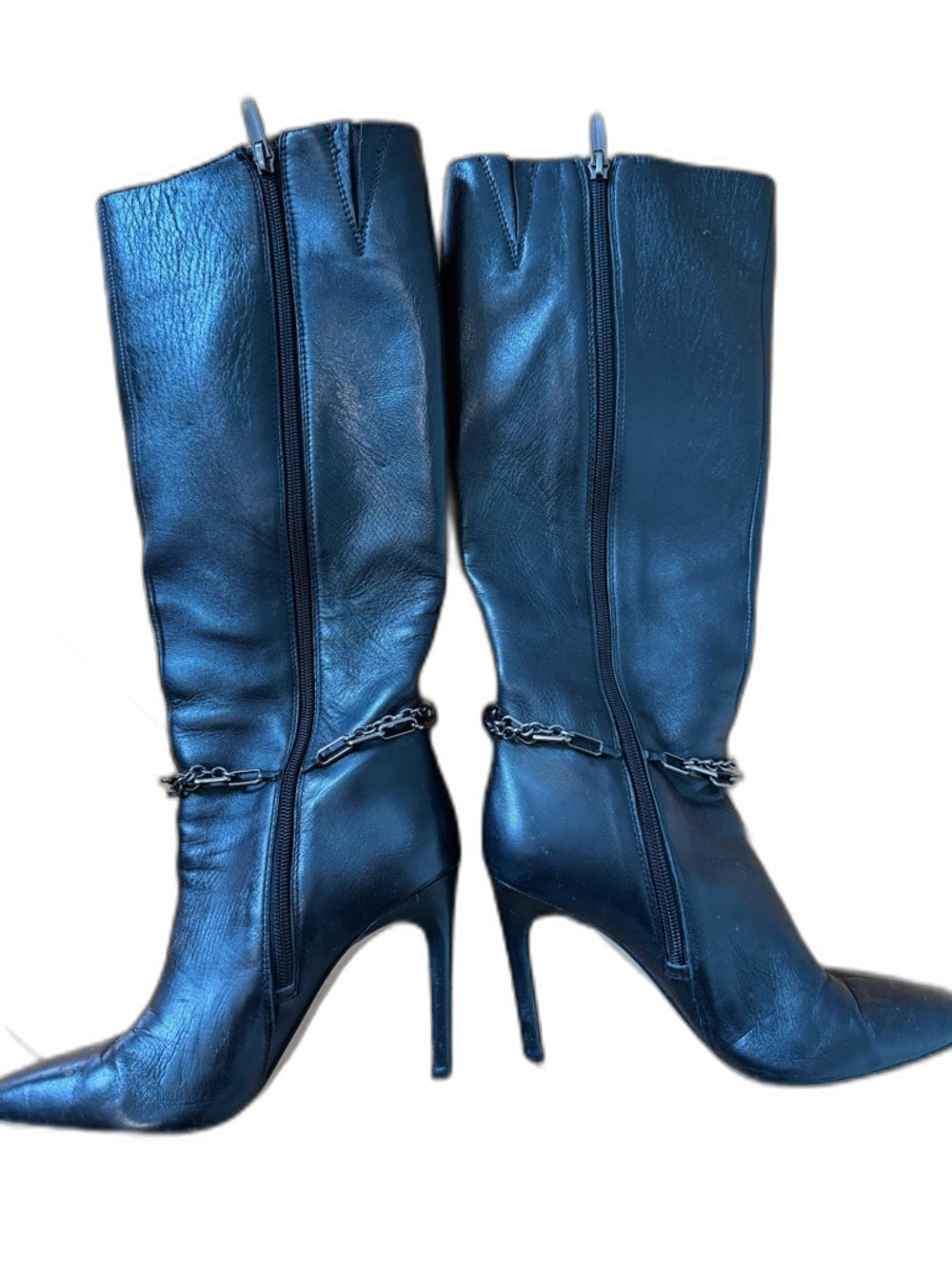 Vince Camuto black leather knee-high stiletto boots with chain trim - view 3