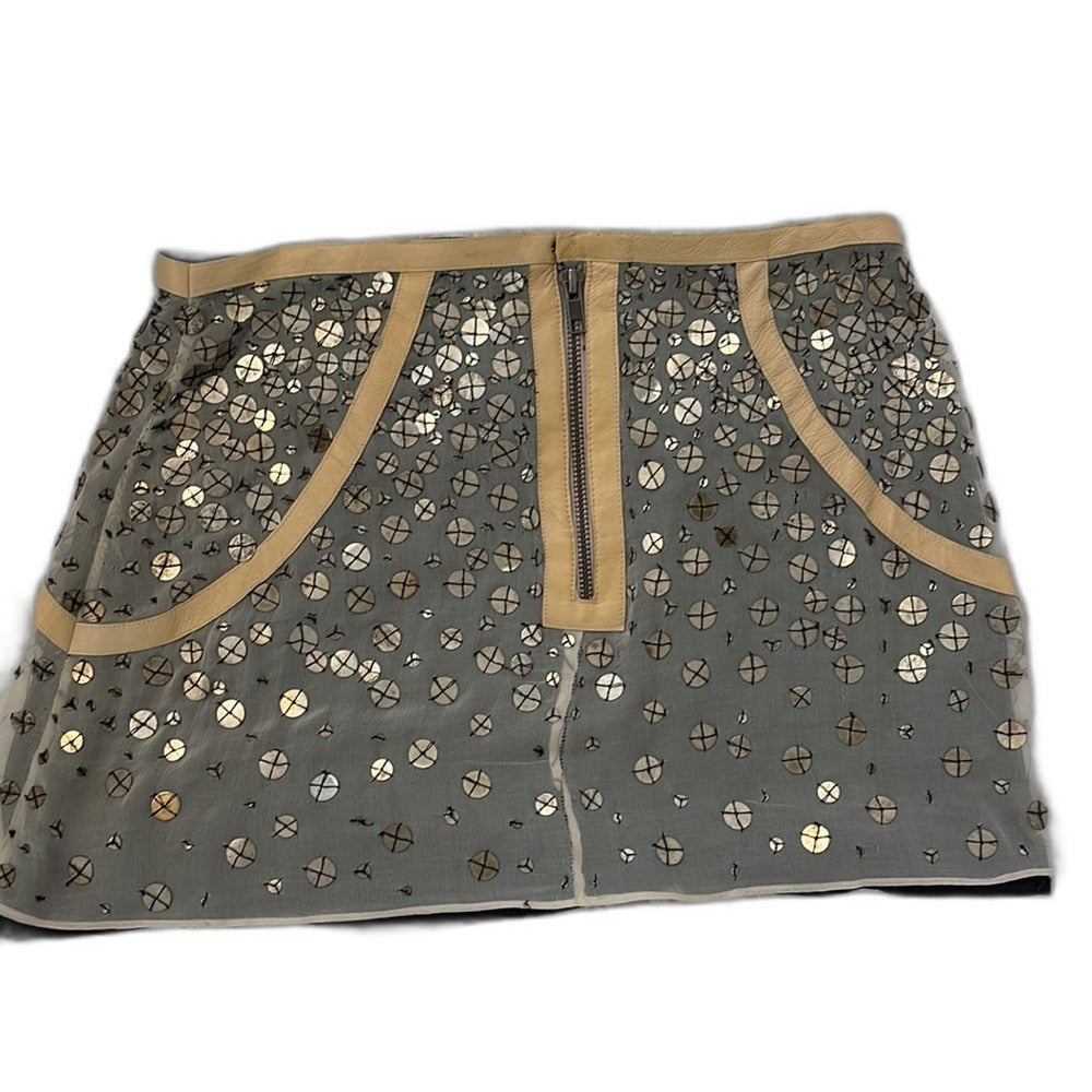 Parker sequin and leather mini skirt, gold/cream, size 2 - back view with exposed zip