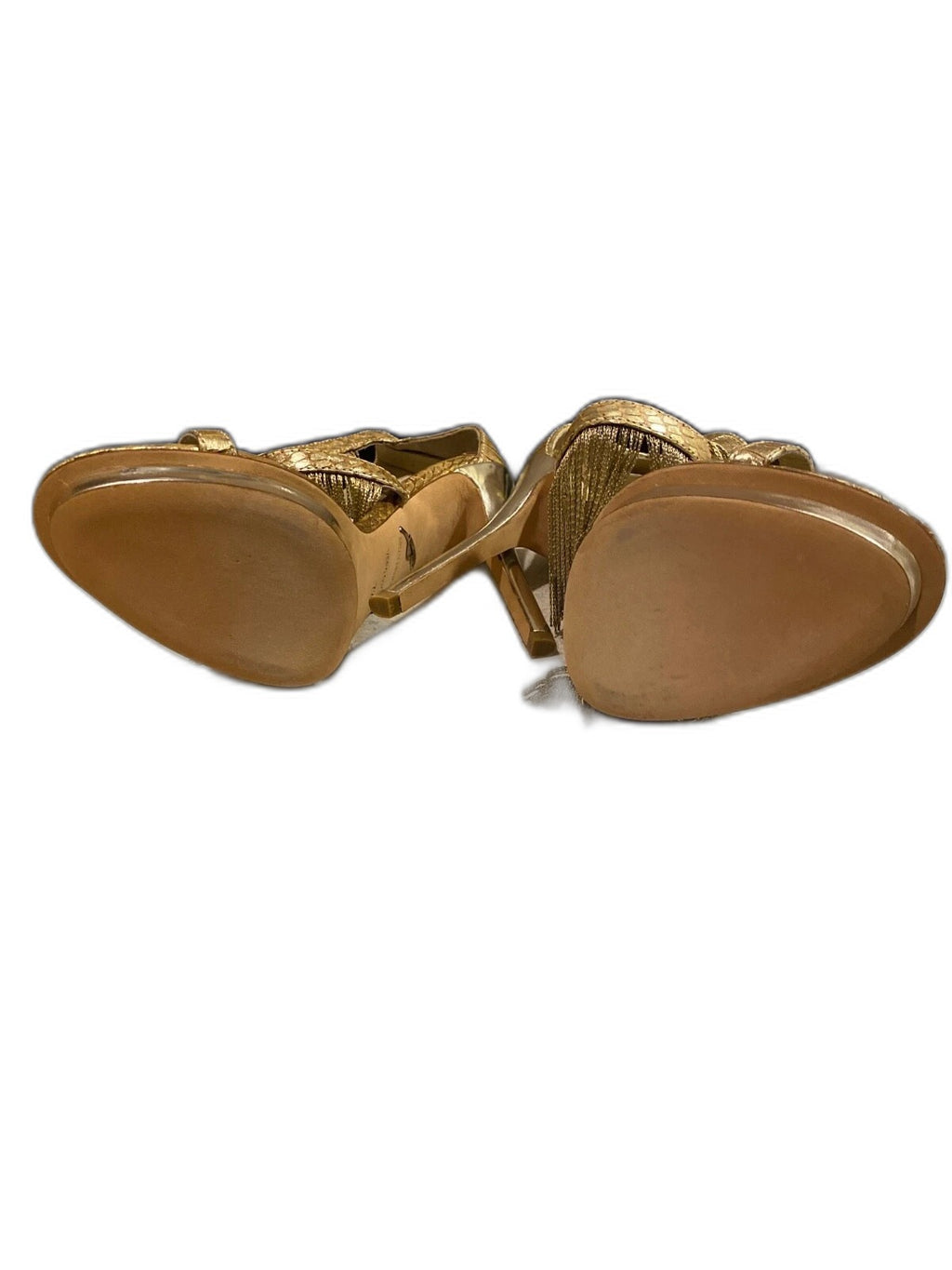 Brian Atwood gold strappy leather heels with fringe detail - view 3