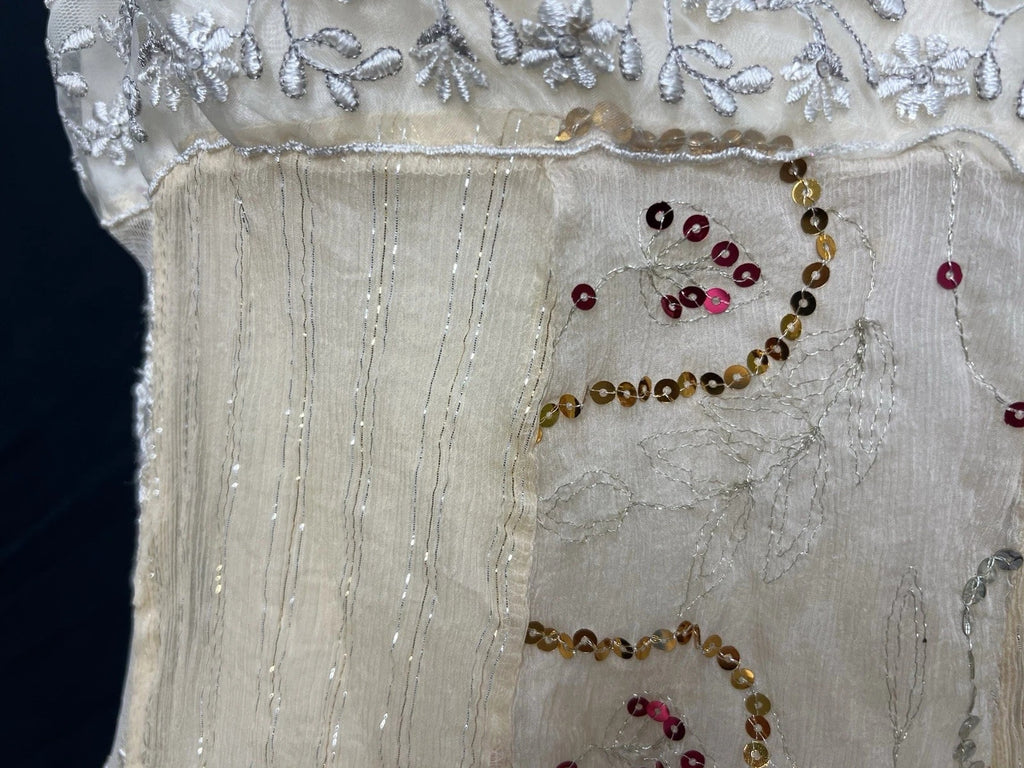 Hale Bob beaded silk blend mesh overlay top in beige - embellishment close-up