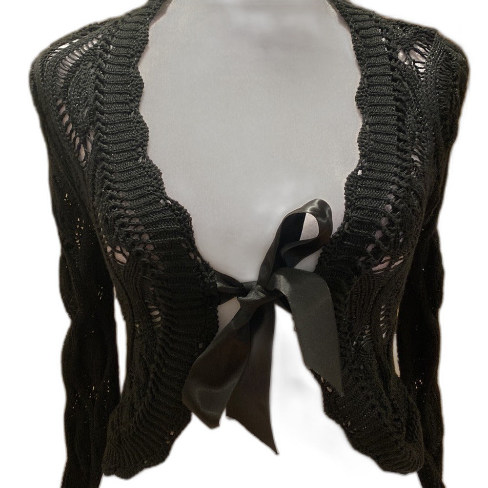 Le Chat Paris black open knit cardigan with satin bow - view 3