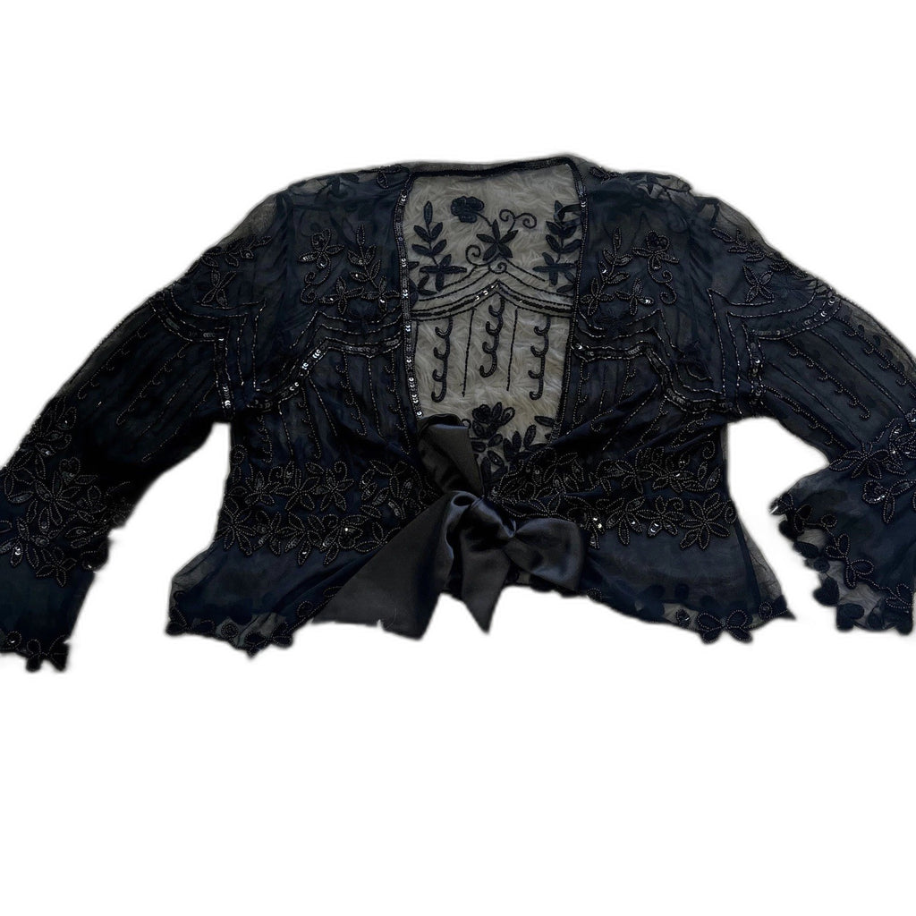 Vintage Y2K beaded sheer embroidered shrug top - front flat lay