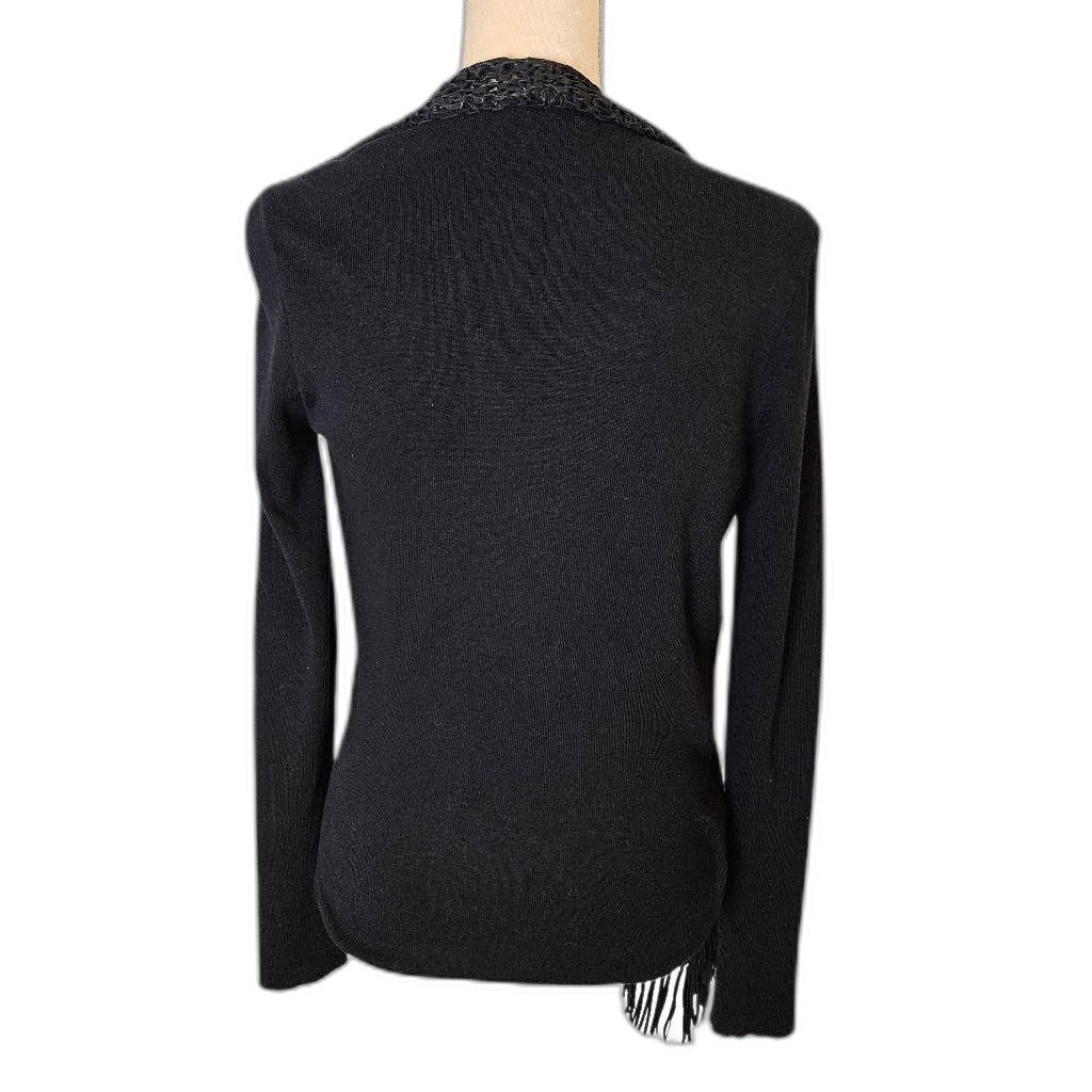 Elie Tahari black woven leather wrap sweater - back on mannequin