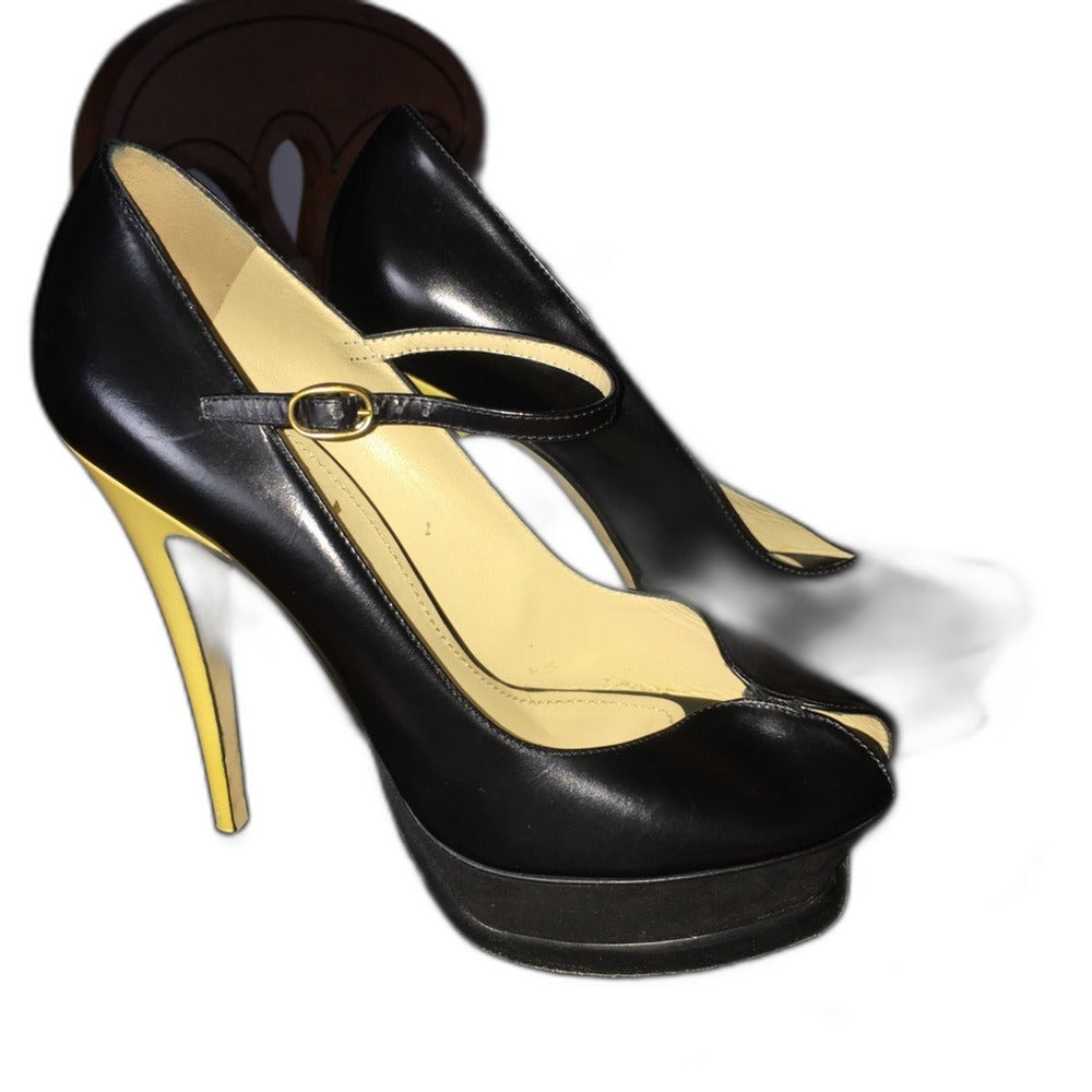 Yves Saint Laurent YSL Tribute black patent pumps with gold-tone stiletto heels - view 3