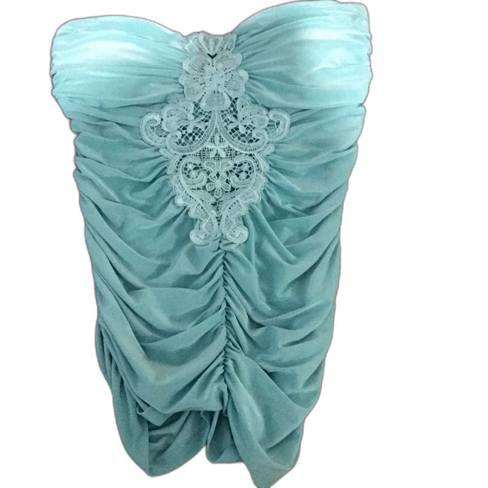 Charlotte Russe teal strapless ruched top with lace applique - view 3