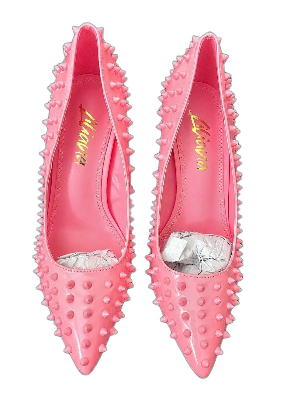 Pink studded pointed-toe heels with clear stiletto heel - view 3