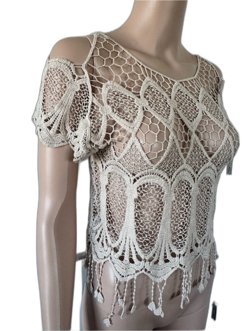 Irvana cream crochet lace cold-shoulder crop top - back