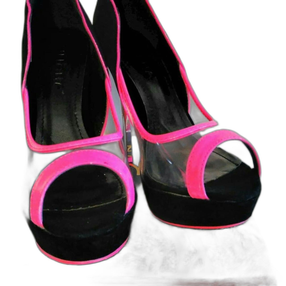 Liliana UV reactive neon pink and black heels - front pair