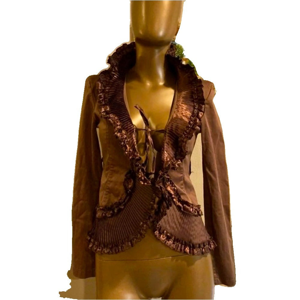 Rinascimento vintage steampunk ruffle jacket in brown - view 3