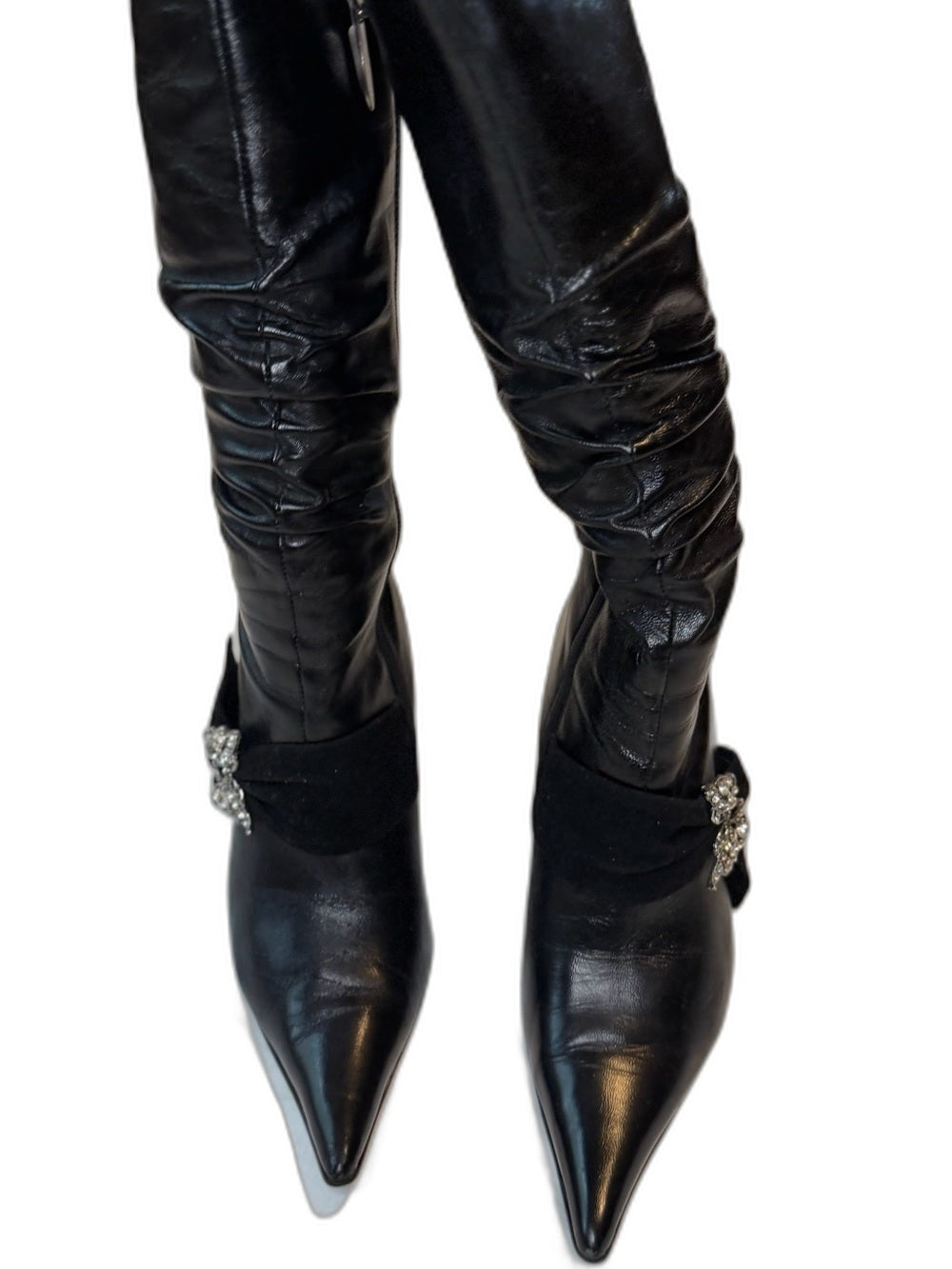 Bianco Bucci black mid-calf heeled boots with crystal bow - view 4