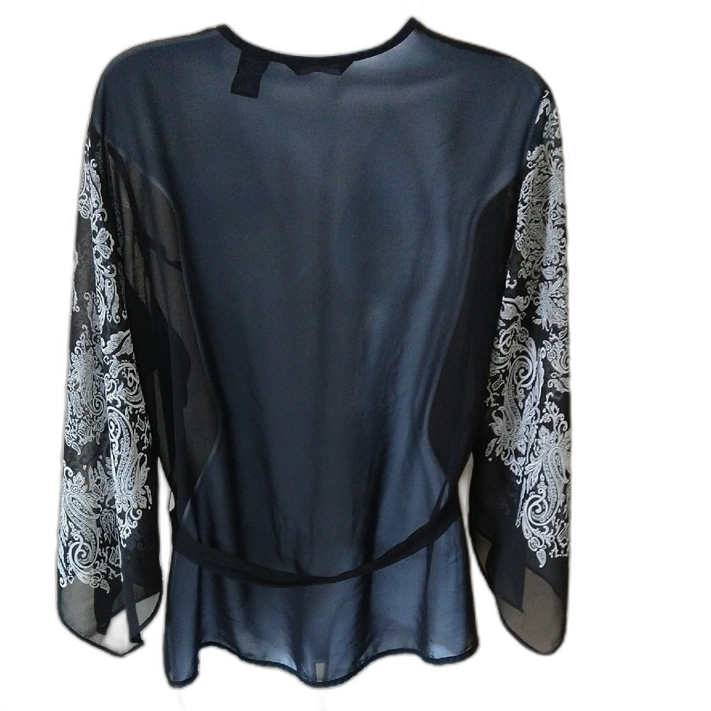 New York & Company black sheer kimono blouse with white detailing - view 4