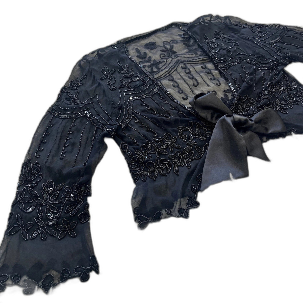 Vintage Y2K beaded sheer embroidered shrug top - detail flat lay