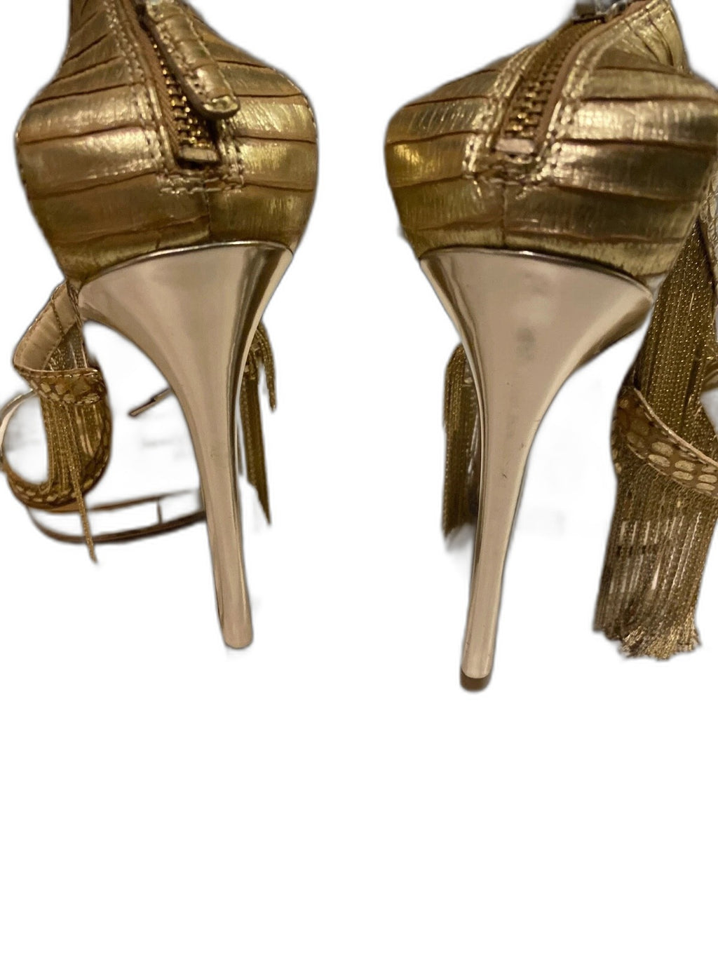 Brian Atwood gold strappy leather heels with fringe detail - view 4