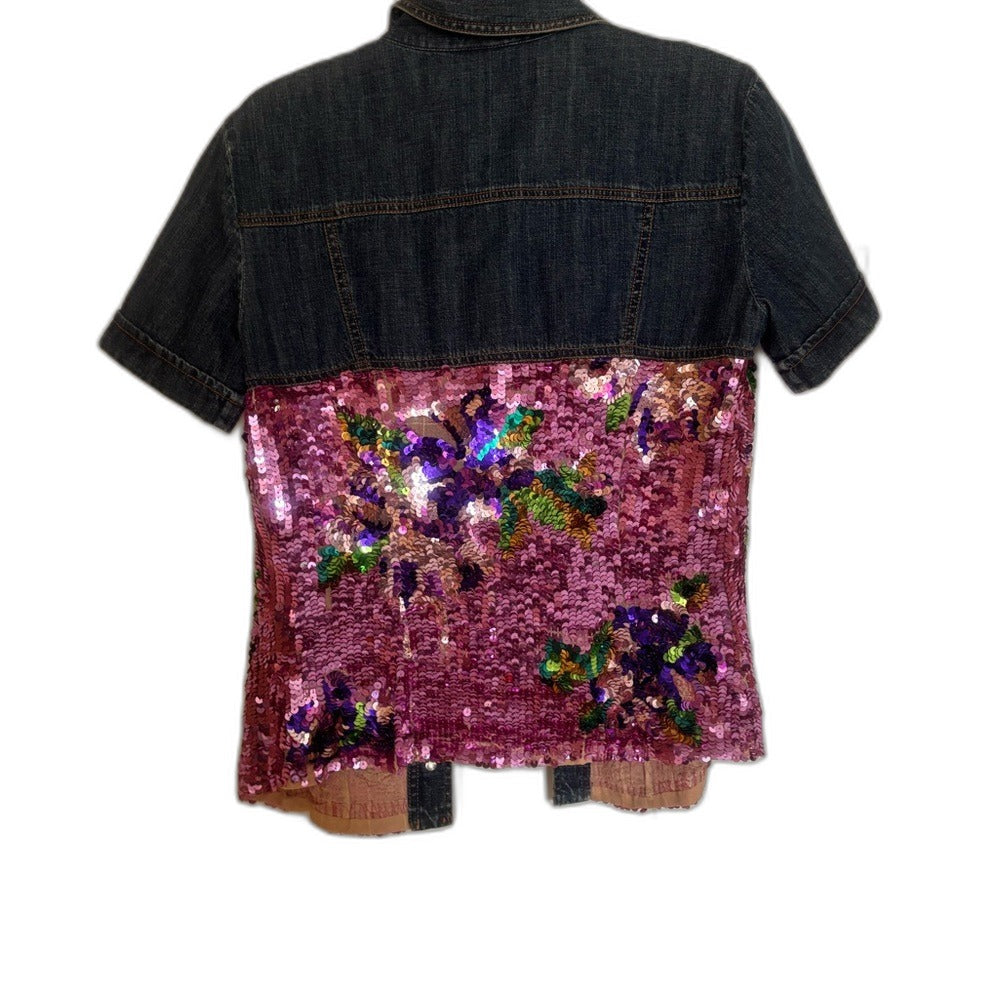 Dolce & Gabbana blue denim short-sleeve jacket with pink floral sequin panels - view 4