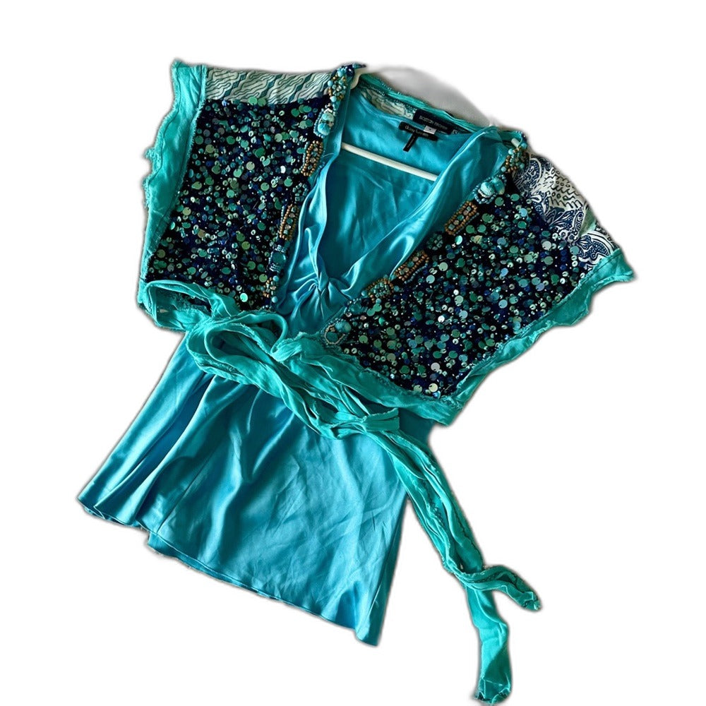 Boston Proper 2-piece embellished aqua tank top set with sequin and bead wrap top - view 4